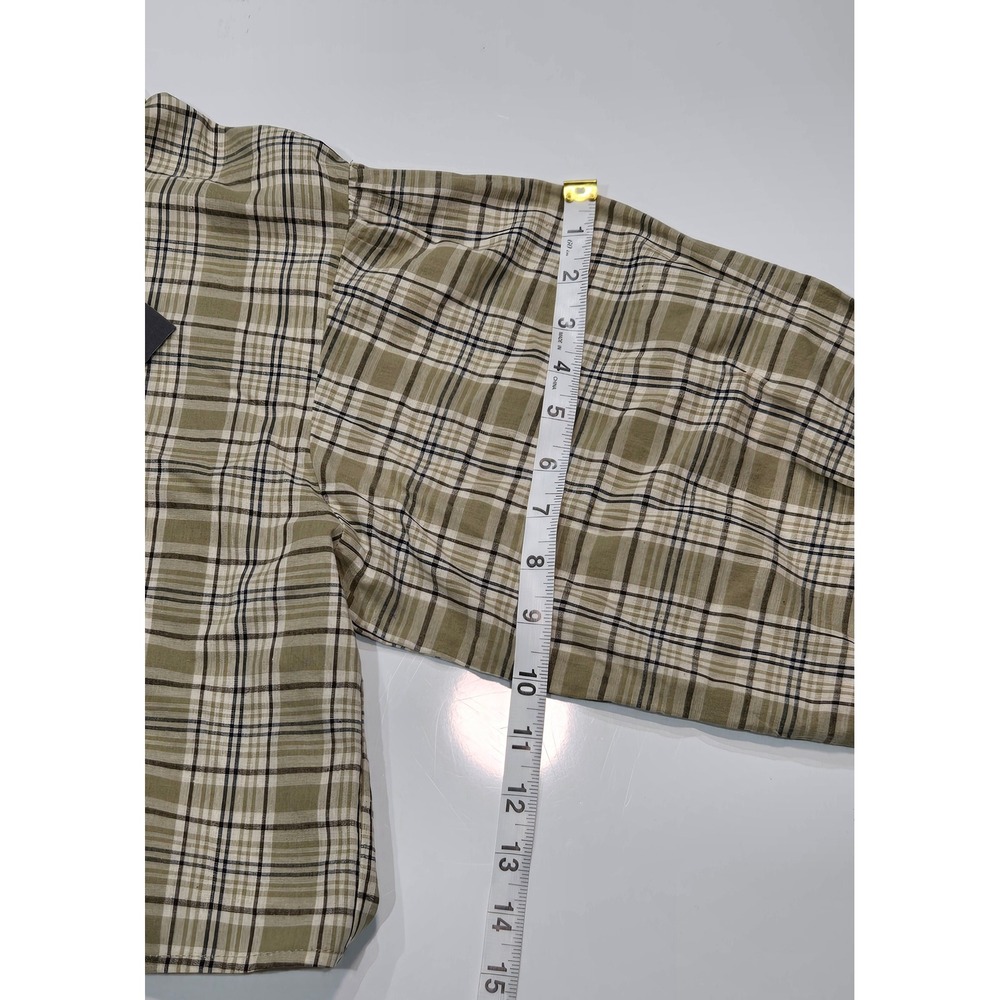 Sans Souci Womens Cropped Plaid Button Down Shirt Olive Green Puff Sleeve Small - Picture 7 of 8